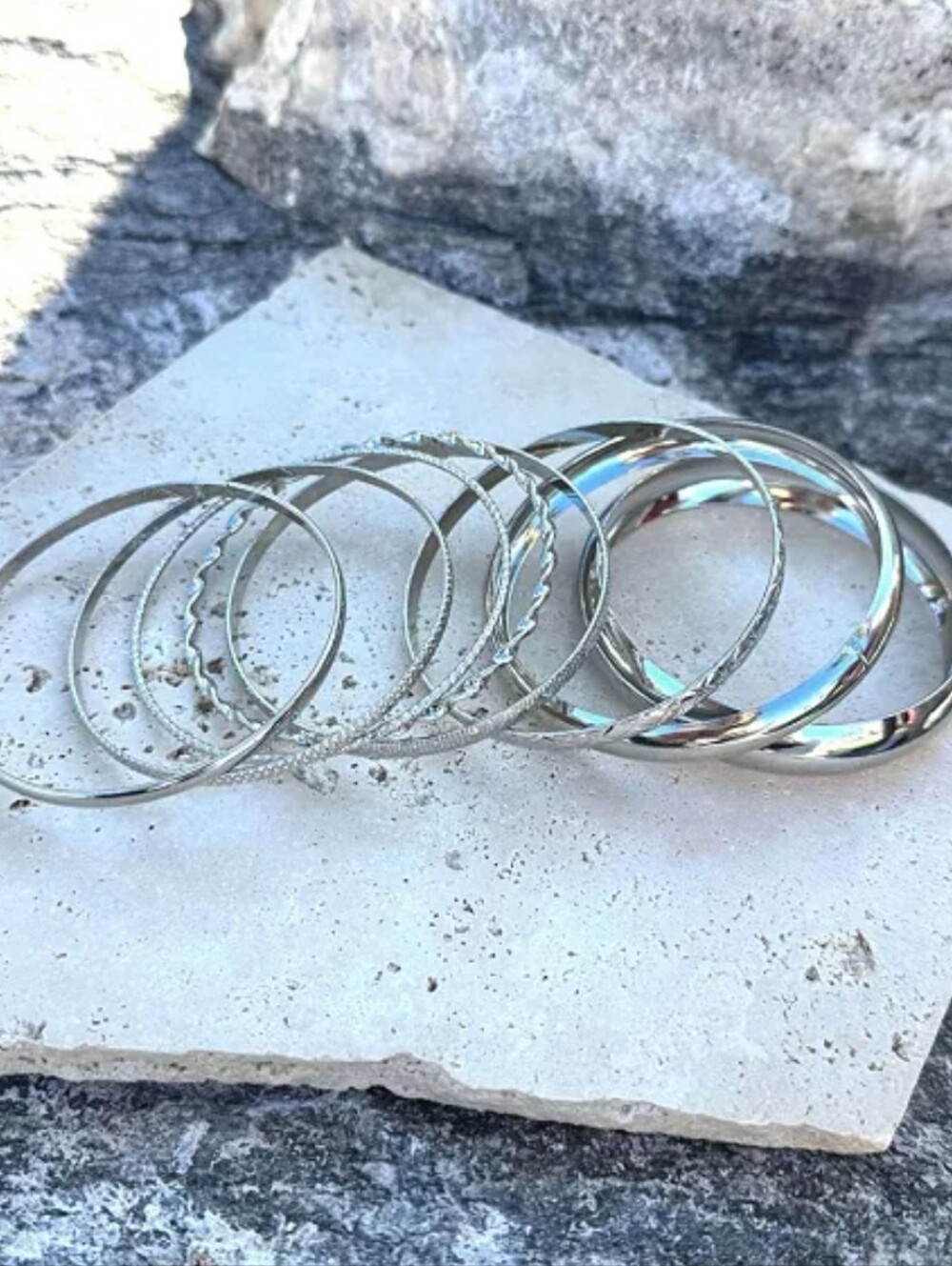ADORNIA Sterling Silver Tone Bangle Bracelet Set - 8 Piece/ BNWT - Picture 2 of 4